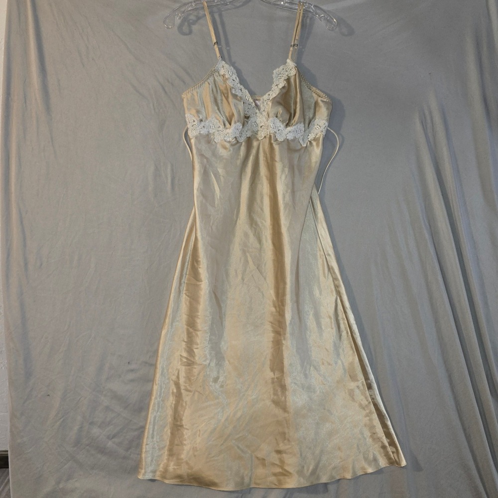 Blossom Intimates Lace Trim Slip Dress L Women Champagne Satin Chemise Nightgown